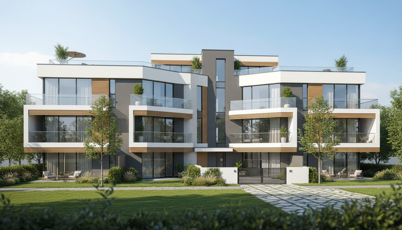 3D-Visualisierung eines modernen Mehrfamilienhauses mit Balkonen und Garten, Mehrfamilienhaus bauen: Kosten sichtbar