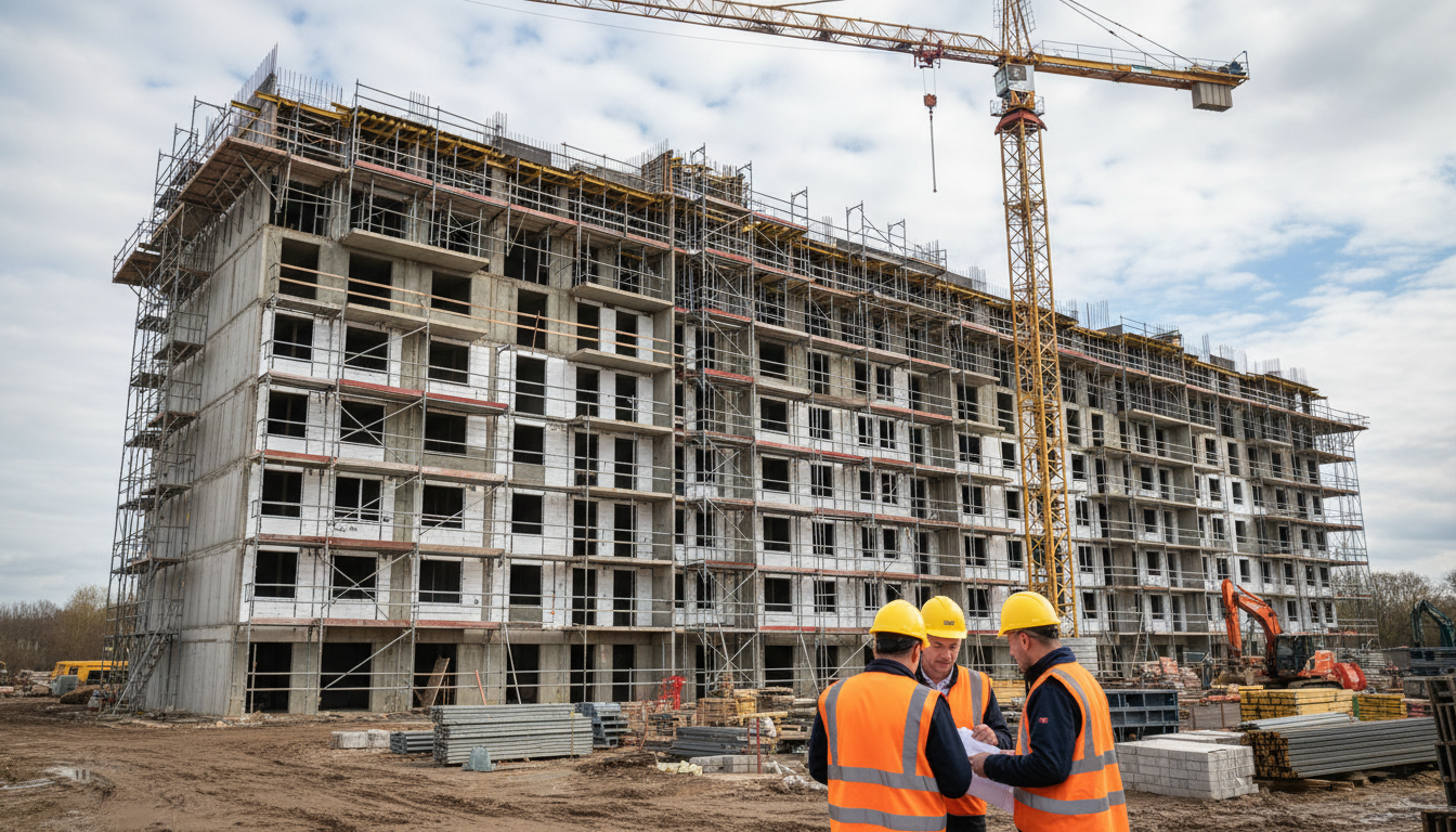 Mehrfamilienhaus bauen: Kosten sichtbar – Rohbau mit Gerüst, Kran und Arbeitern auf mehrgeschossiger Baustelle