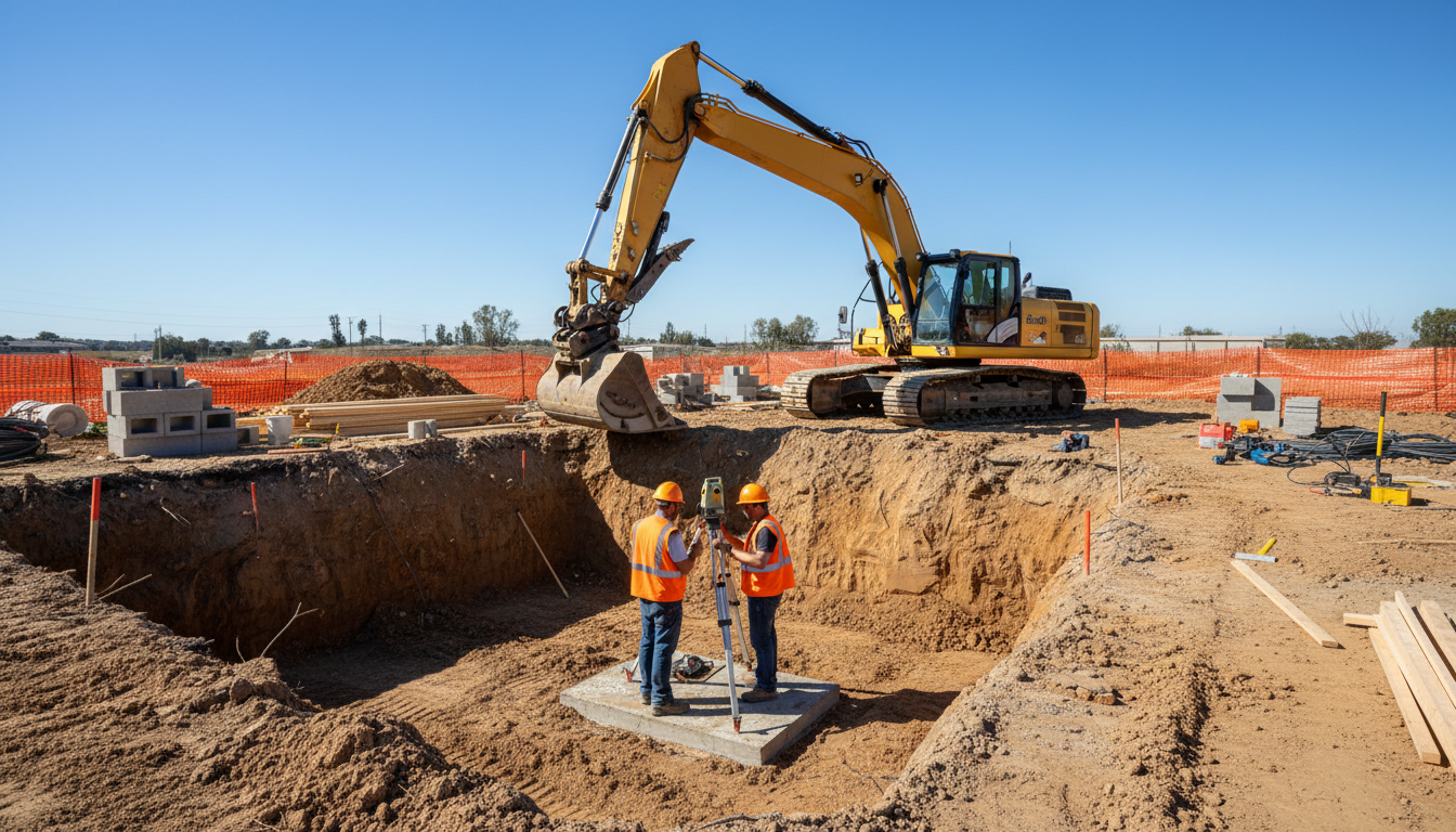 Arbeitsfoto: Gründungsarbeiten mit Bagger und Arbeitern, Material sichtbar – rechner baunebenkosten für Fundamentkosten