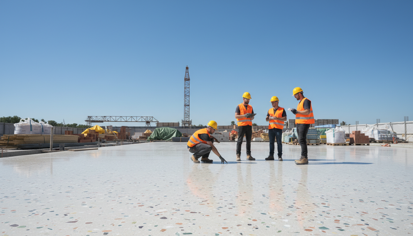 Betonfundament aus Recyclingbaustoffen, glatte Oberfläche; Arbeiter prüfen die Baustelle bei blauem Himmel.