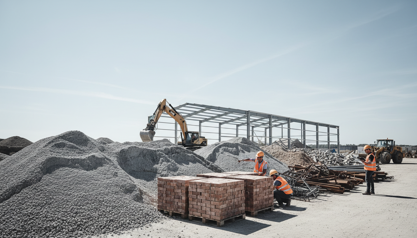 Lagerbereich eines Recyclinghofs mit Recyclingbaustoffen: separate Haufen aus Beton, Ziegeln und Metall, Bagger im Bild.