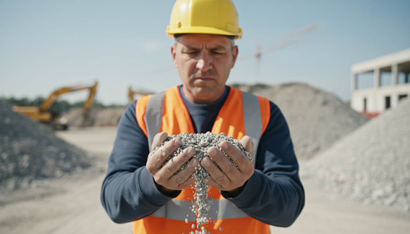 Bauarbeiter prüft recycelte Gesteinskörnung auf Baustelle – Fokus auf Materialqualität und Recyclingbaustoffe
