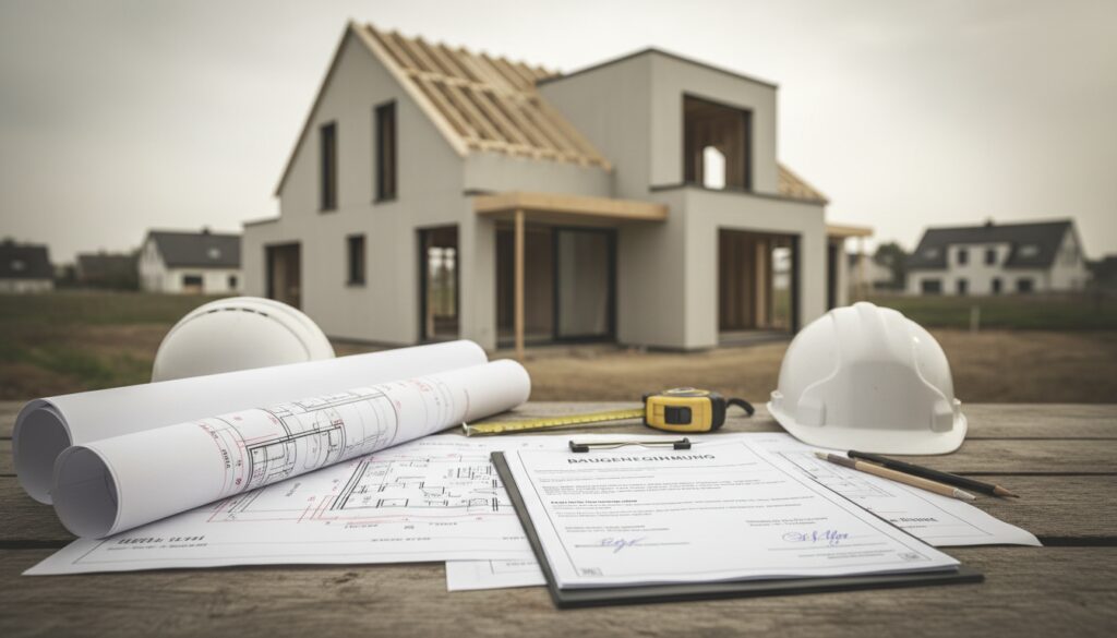 Moderner Hausaußenbereich mit Bauplänen und Baugenehmigung auf Tisch im Vordergrund, außenbereich baurecht