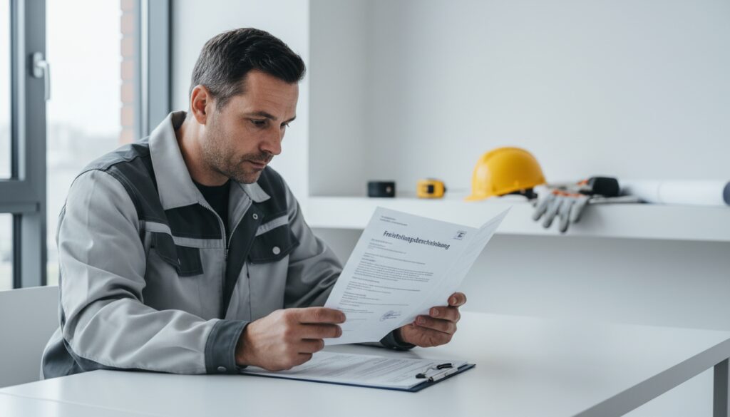 Hand eines Handwerkers prüft Bauleistungen Freistellungsbescheinigung und Steuerdokumente am modernen Schreibtisch