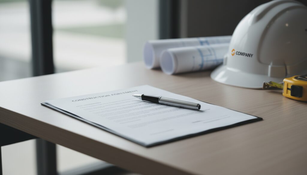 Nahaufnahme eines bauvertrag bgb Dokuments auf modernem Schreibtisch mit Helm und Maßband