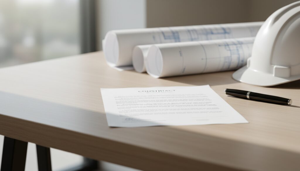 Editorial-Foto: bauvertrag muster auf modernem Holzschreibtisch mit Stift, Helm und Bauplänen, weich belichtet.