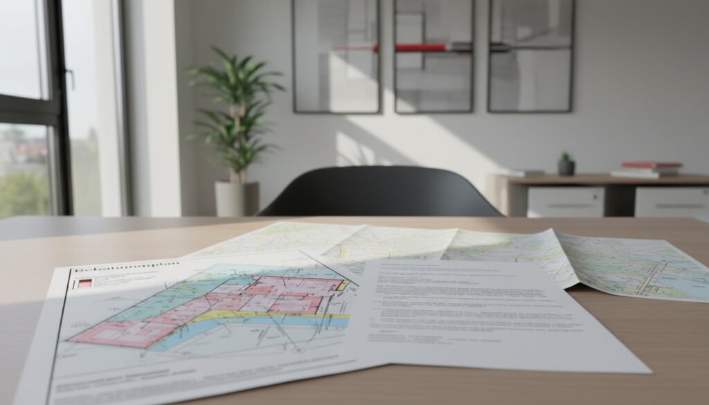 Bebauungsplan Stuttgart und Architekturpläne auf modernem Schreibtisch mit seitlichem Fensterlicht