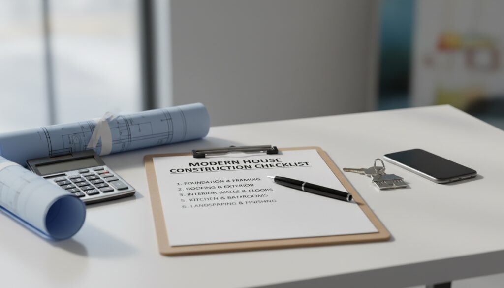 Checkliste für den Hausbau auf Klemmbrett neben Bauplänen, Taschenrechner, Stift und Hausschlüssel auf hellem Schreibtisch.