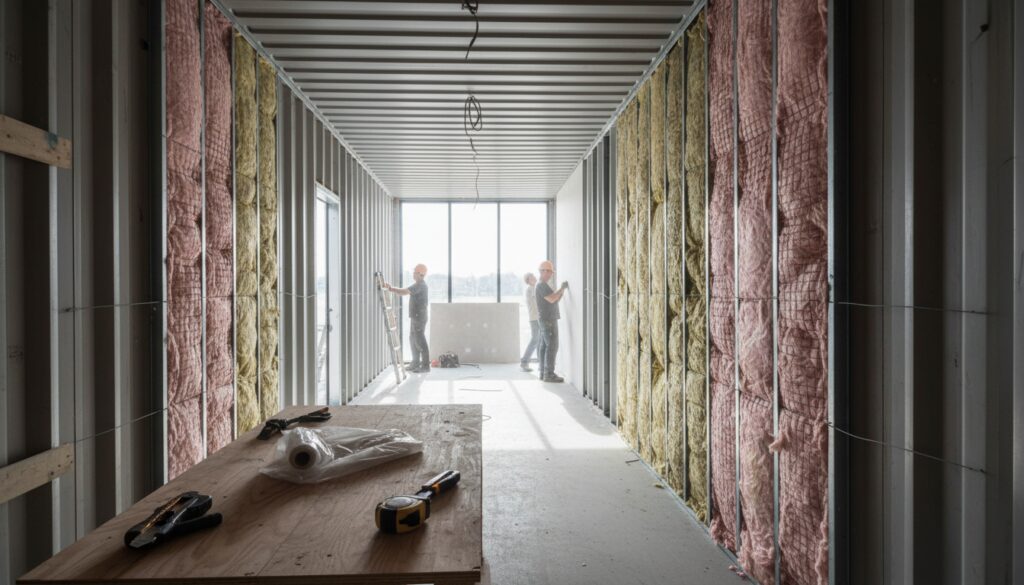 Innenansicht eines Container Haus Innenausbau während Renovierung, freiliegende Dämmung an Metallwänden, Tageslicht