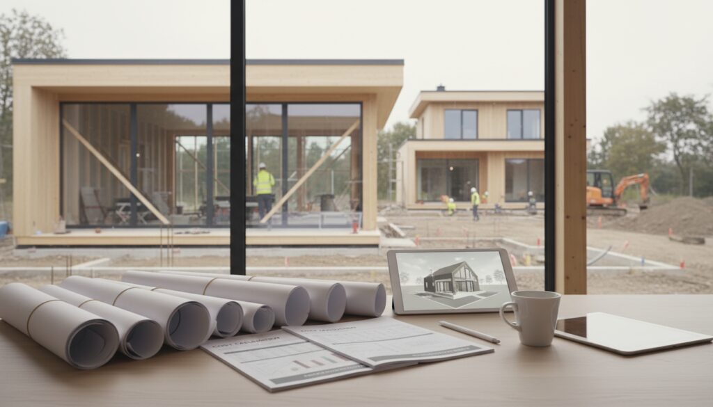 Fertighaus mit Grundstück auf Baustelle, Baupläne und Kostenkalkulation auf Holztisch im Vordergrund, Wohnhaus im Hintergrund