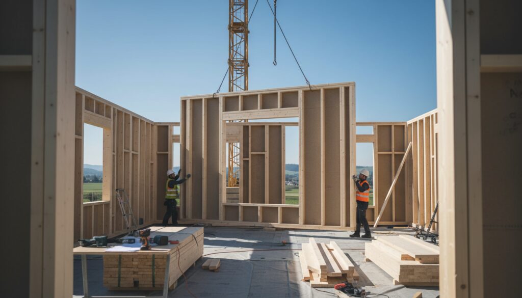 Fertighaus Montagezeit: Holzrahmen-Module werden von Arbeitern per Kran eingesetzt auf sauberem Bauplatz