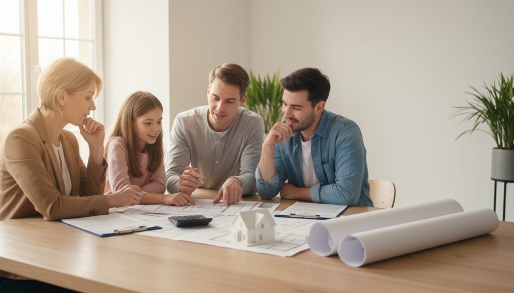 Familie prüft Bauunterlagen mit Finanzberater, Blaupausen, Modellhaus und Taschenrechner – Förderungen beim Hausbau.