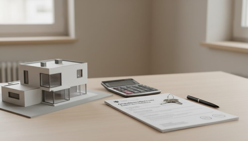 Hausmodell mit Taschenrechner und grunderwerbssteuer bw Dokumenten auf Schreibtisch, Schlüssel, Stift, weiches Licht
