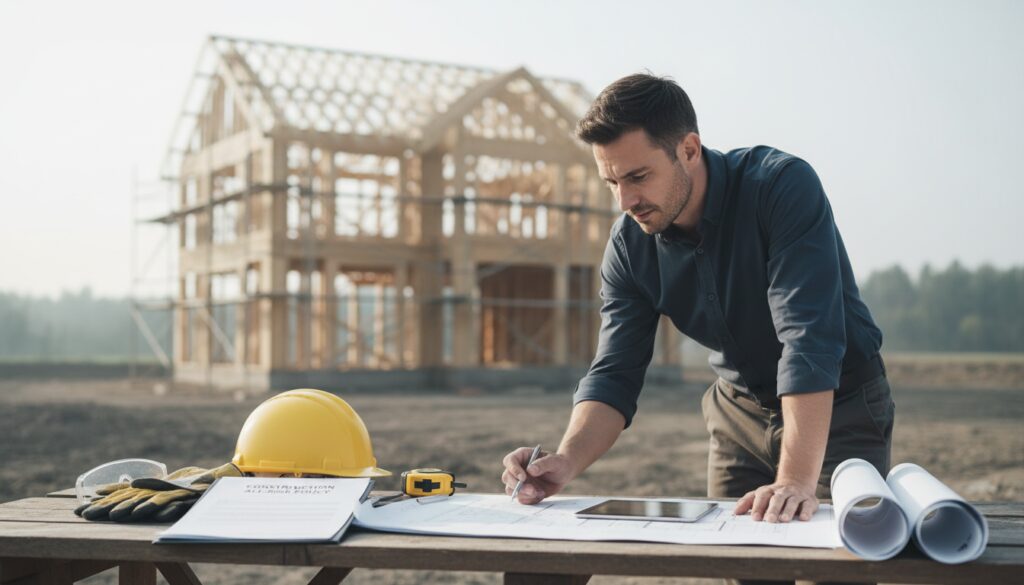 Architekt prüft Baupläne neben Helm und Versicherungsunterlagen auf Baustelle – hausbau versicherung im Fokus
