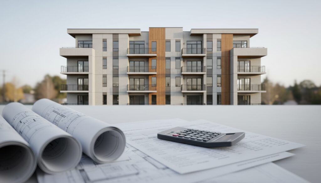 Modernes Mehrfamilienhaus mit Bauplänen und Kostenschätzungen im Vordergrund – Mehrfamilienhaus bauen: Kosten