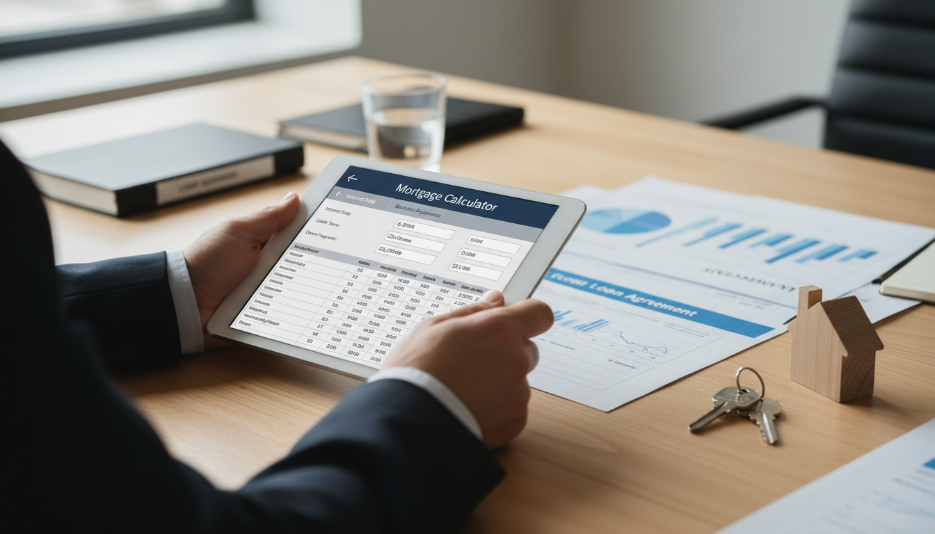 Nahaufnahme eines Tablets mit baufinanzierung zinsen rechner-App, Zins- und Tilgungsplan, Hausschluessel.