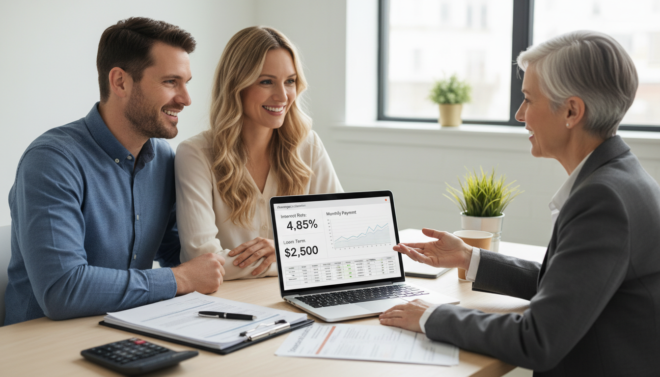 Paar in Beratung mit Baufinanzierungsberater, Laptop zeigt baufinanzierung zinsen rechner, Dokumente.