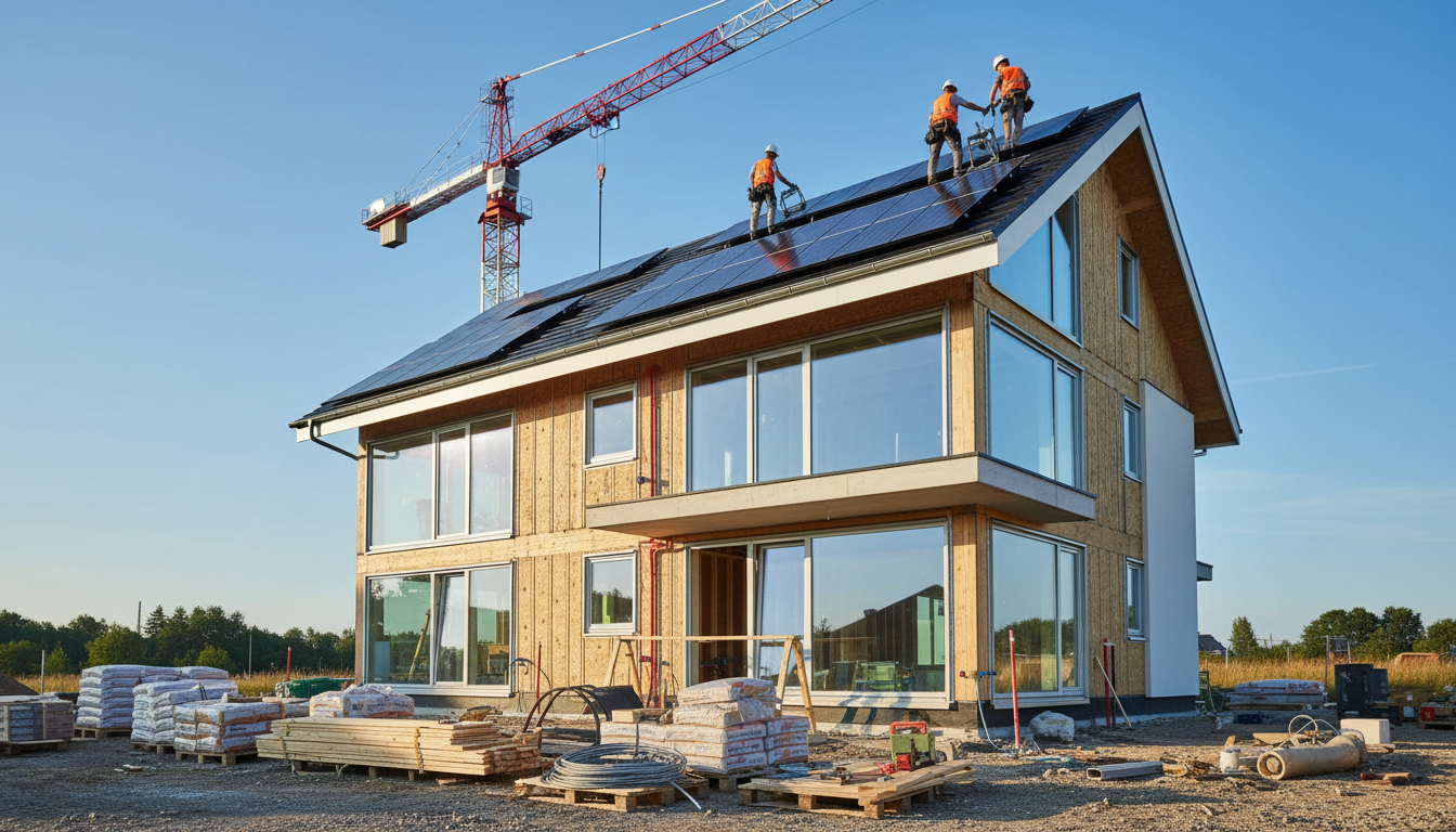 Moderne Baustelle mit Solarpanels auf Dach, Arbeitern in Schutzkleidung und Kran — baufinanzierung zinsen rechner