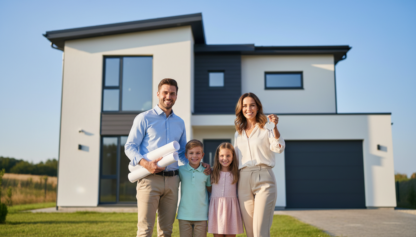 Baunebenkosten Hausbau: Familie vor neuem Zuhause Glückliche Familie vor ihrem Neubau hält Bauunterlagen und Schlüssel – Baunebenkosten Hausbau im Fokus