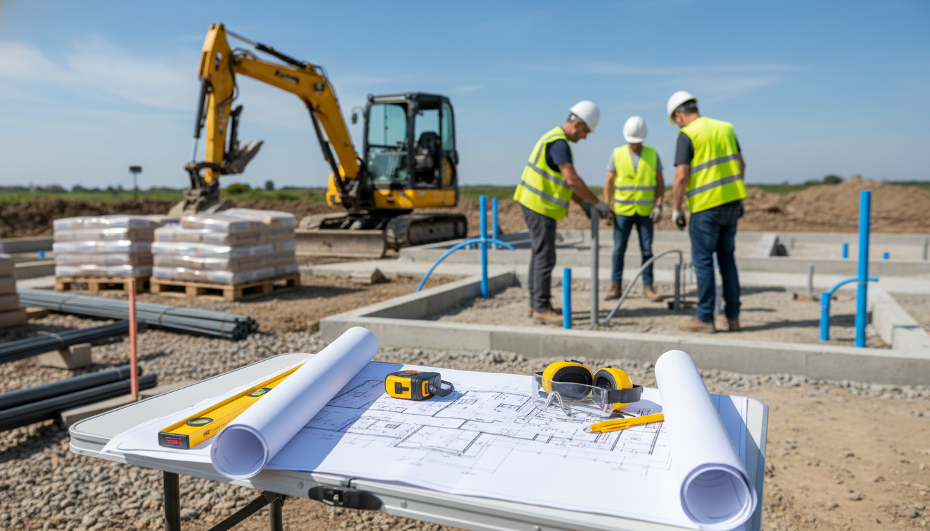 Baunebenkosten Hausbau: Fundament und Anschlusskosten Baunebenkosten Hausbau: Baugrube mit Fundament, Versorgungsanschlüssen, Bagger, Arbeitern und Bauplänen im Vordergrund