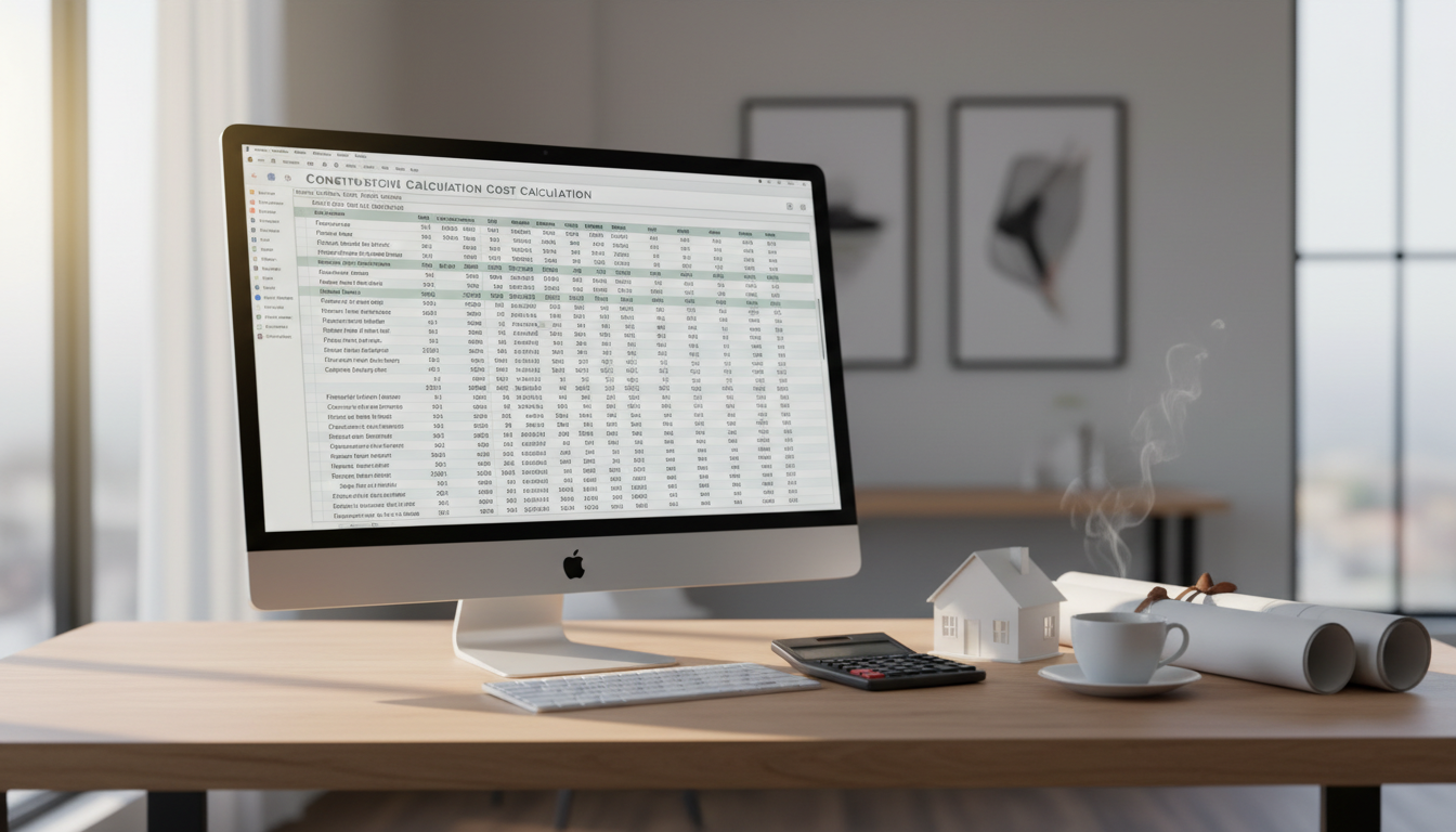 Baunebenkosten Hausbau: Kosten klar 2026 Moderner Schreibtisch mit Bauplänen, Taschenrechner, Hausmodell und Kalkulations-Spreadsheet für Baunebenkosten Hausbau