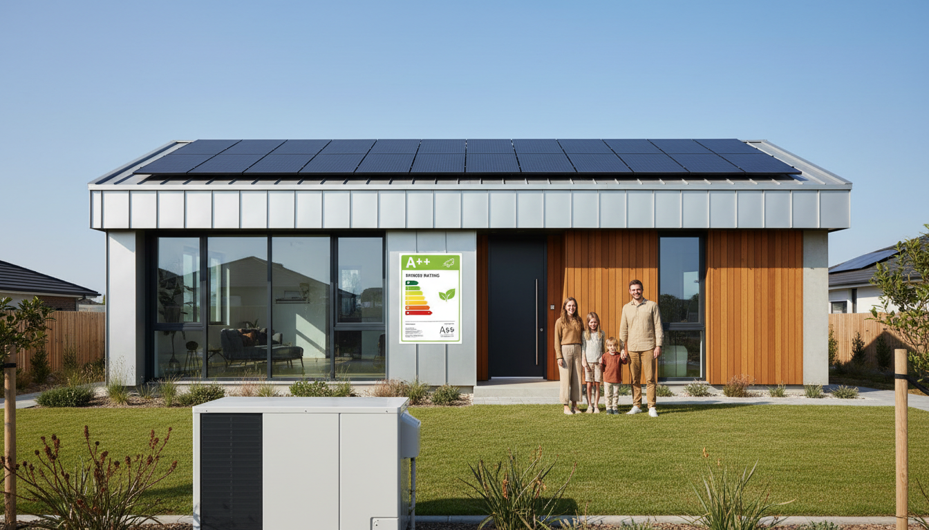 Familie vor modernem, energieeffizientem Haus mit Solarpanelen, Wärmepumpe und Energieausweis – Förderungen Hausbau im Fokus