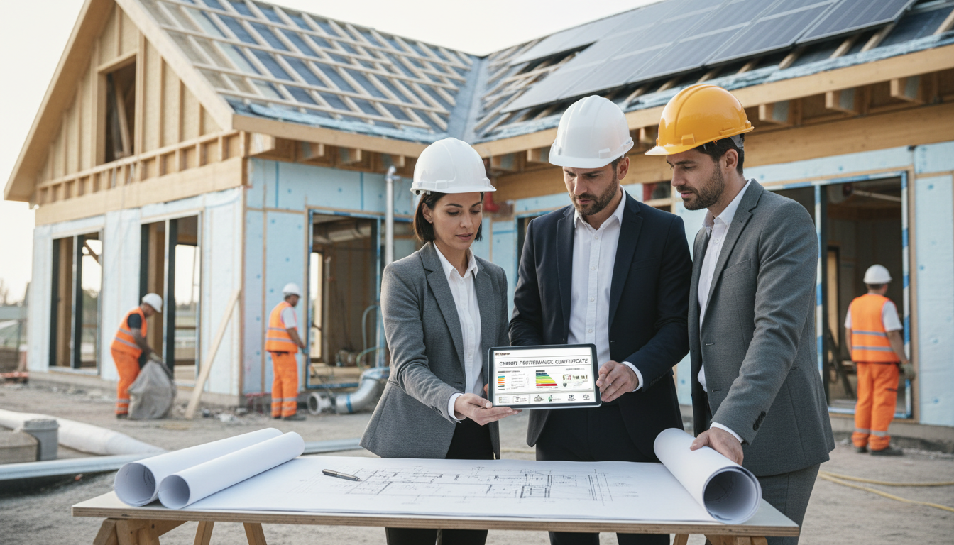Architekt und Bauherren prüfen vor Ort Energiezertifikat und Dämmung – Förderungen Hausbau im Fokus