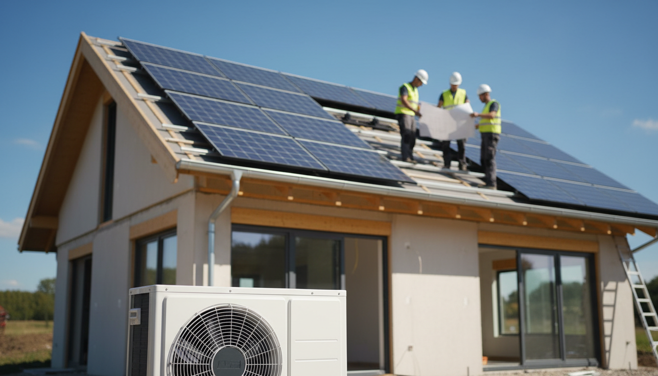 Modernes Einfamilienhaus im Bau mit Solarpanels, Wärmepumpe im Vordergrund und Arbeitern – Förderungen Hausbau
