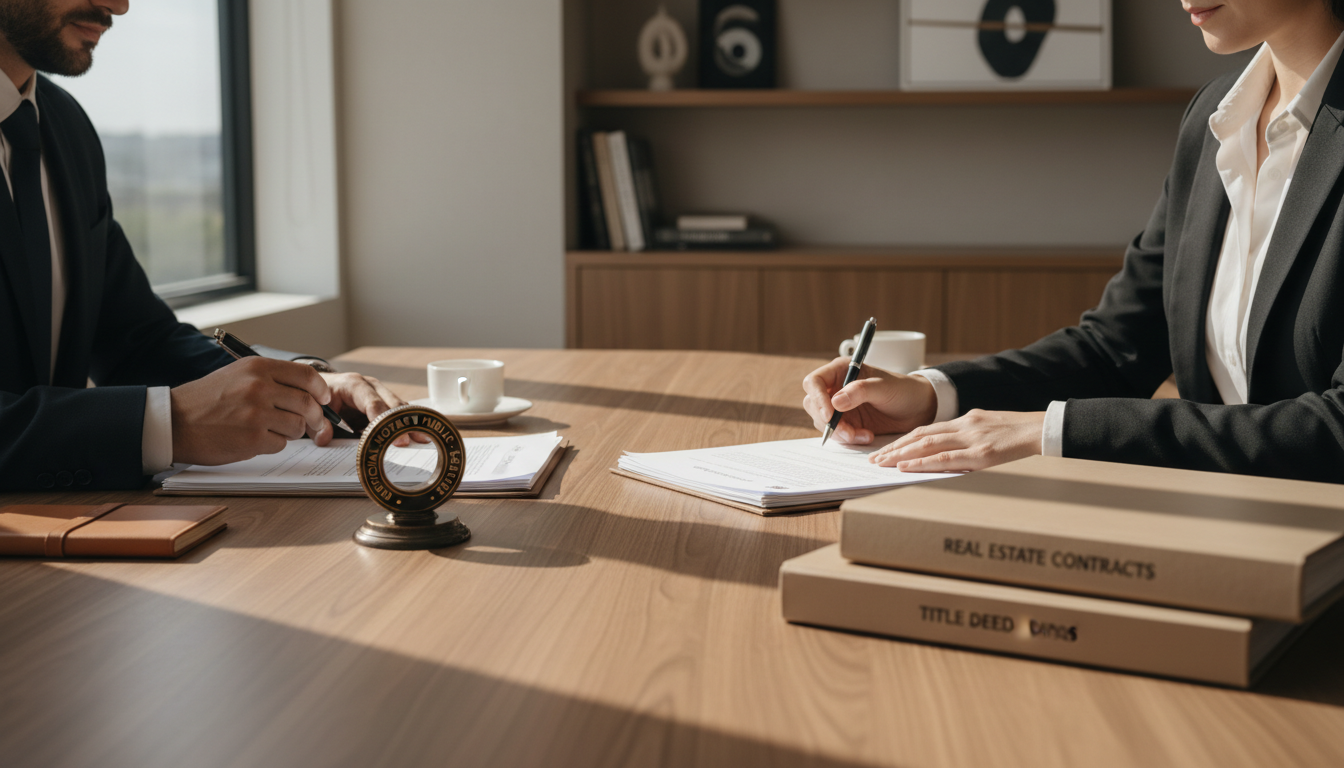 Notar beim Unterschreiben von Immobilienunterlagen am Holzschreibtisch — Fokus: Nebenkosten Grundstückskauf, Stempel sichtbar