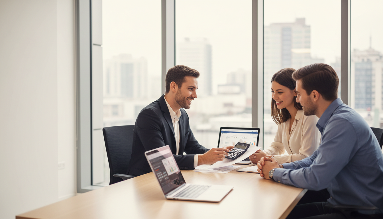 Beratungsgespräch: Berater zeigt Nebenkosten Grundstückskauf, Kreditunterlagen und Rechner dem jungen Paar im hellen Büro.