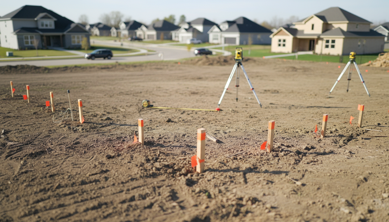 Drohnen-Luftbild einer markierten Bauparzelle mit Messgeräten und Pfosten - Nebenkosten Grundstückskauf beachten