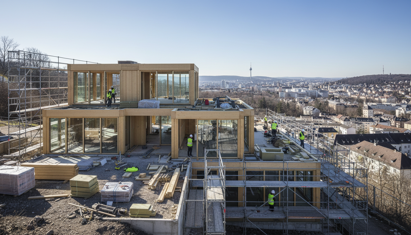 Stuttgart Baufirma: Energieeffizientes Hausbau Stuttgart Baufirma baut energieeffizientes Hanghaus mit Gerüst, Baumaterialien und Arbeitern, Panorama von Stuttgart