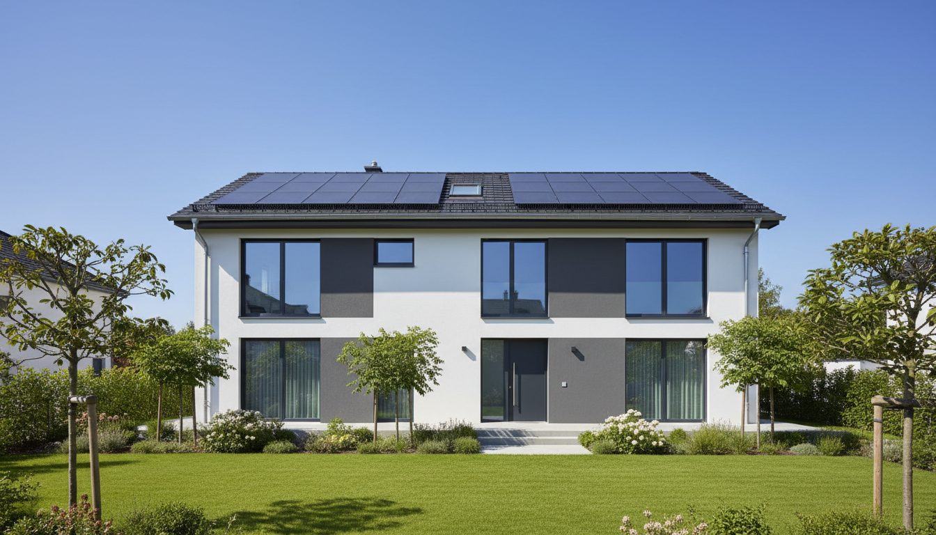 stuttgart baufirma: Modernes Haus Sonne. Modernes, energieeffizientes Wohnhaus in Stuttgart mit Solarpanelen auf dem Dach, gepflegtem Garten, stuttgart baufirma.
