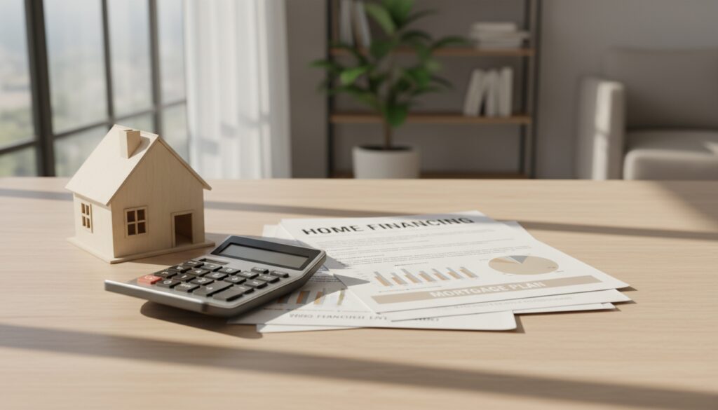 Moderner Taschenrechner und Miniaturhaus auf Holztisch mit Finanzdokumenten, Baufinanzierung Zinsen Rechner für die Planung.