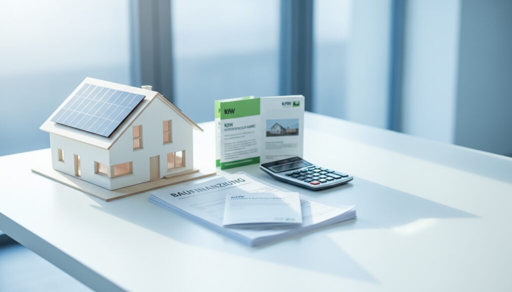 Modernes Hausmodell mit KfW-Broschüren und Taschenrechner auf Architektentisch – Förderungen Hausbau, seitliches Fensterlicht.