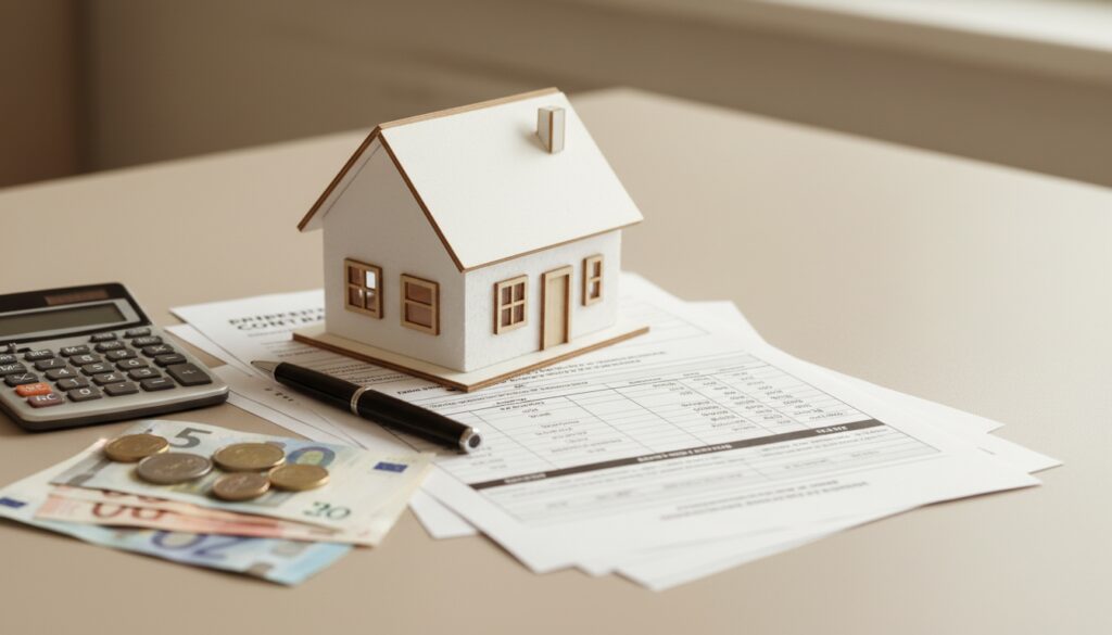 Miniaturhaus auf Kaufverträgen mit Taschenrechner, Münzen und Euroscheinen – Nebenkosten Grundstückskauf im Fokus.