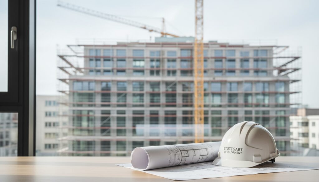 Foto einer stuttgart baufirma: Bauhelm und Pläne auf Holztisch, Fassade mit Gerüst unscharf im Hintergrund.
