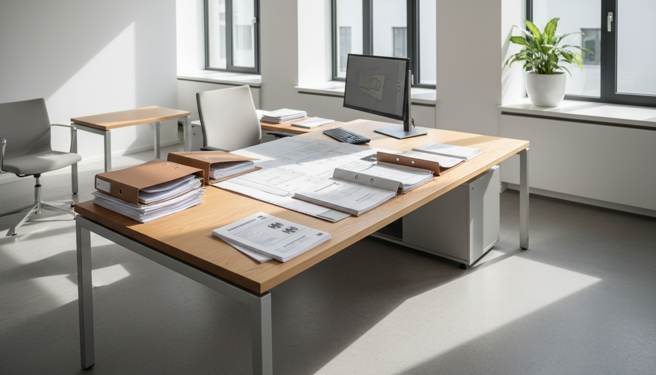 Modernes Behördenbüro mit Schreibtisch, Bauplänen und Tageslicht als Anlaufstelle für Bauantrag oder Bauanzeige.