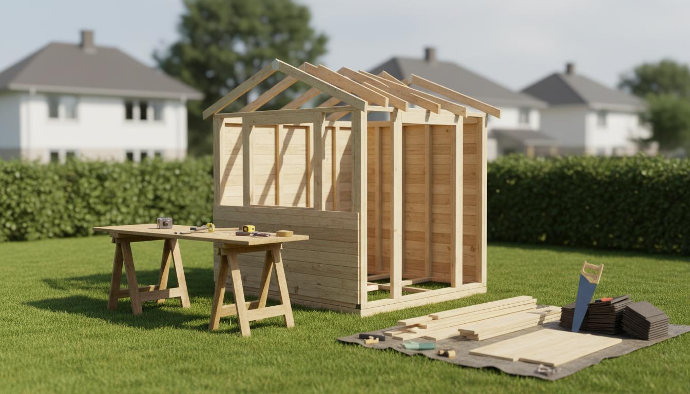 Kleiner hölzerner Gartenschuppen im Bau mit Baumaterial und Werkzeugen – Bauantrag oder Bauanzeige klären