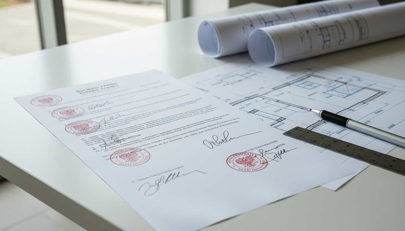 Overhead-Aufnahme von Bauplänen, Stempeln und Unterschriften auf dem Tisch für Bauantrag oder Bauanzeige, scharf.