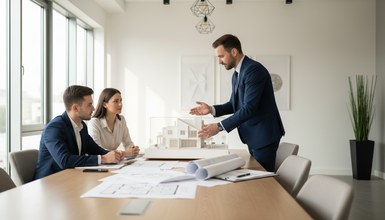 Bauträger finden: Hausmodell & Baupläne präsentieren Developer zeigt Hausmodell und Baupläne einem jungen Paar im hellen Büro – ideal für Inhalte zum Thema bauträger finden