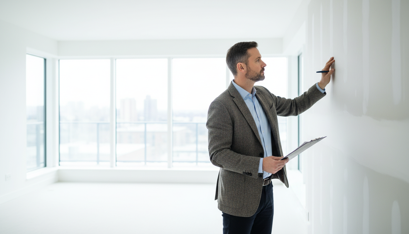 Bauträger finden: Profi-Inspektion im Neubau Bauträger finden: Gebäudeinspektor prüft Neubauinnenraum mit Klemmbrett im hellen Wohnzimmer