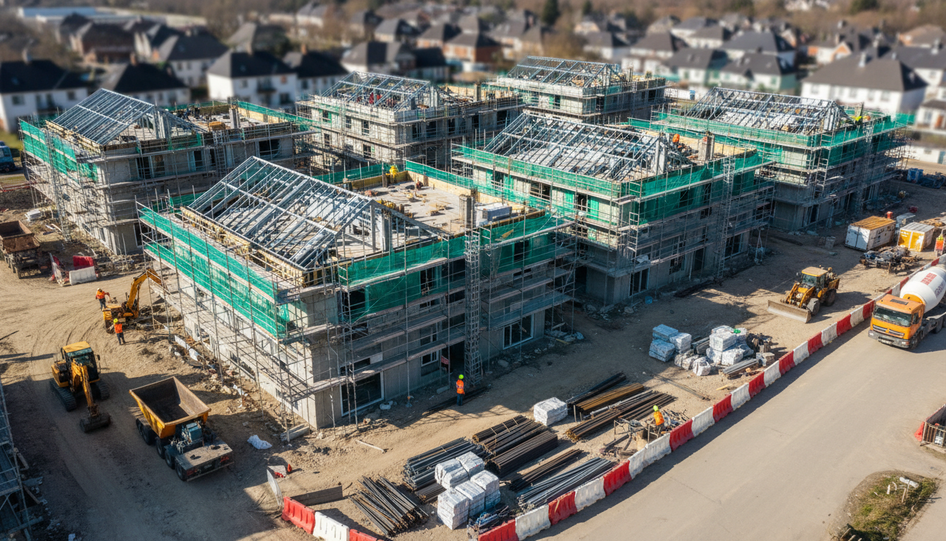 Bauträger finden: Neubauprojekt aus der Luft DJI-Luftaufnahme moderner Doppelhaushälften im Bau mit Gerüst, Arbeitern und Maschinen – bauträger finden leicht gemacht