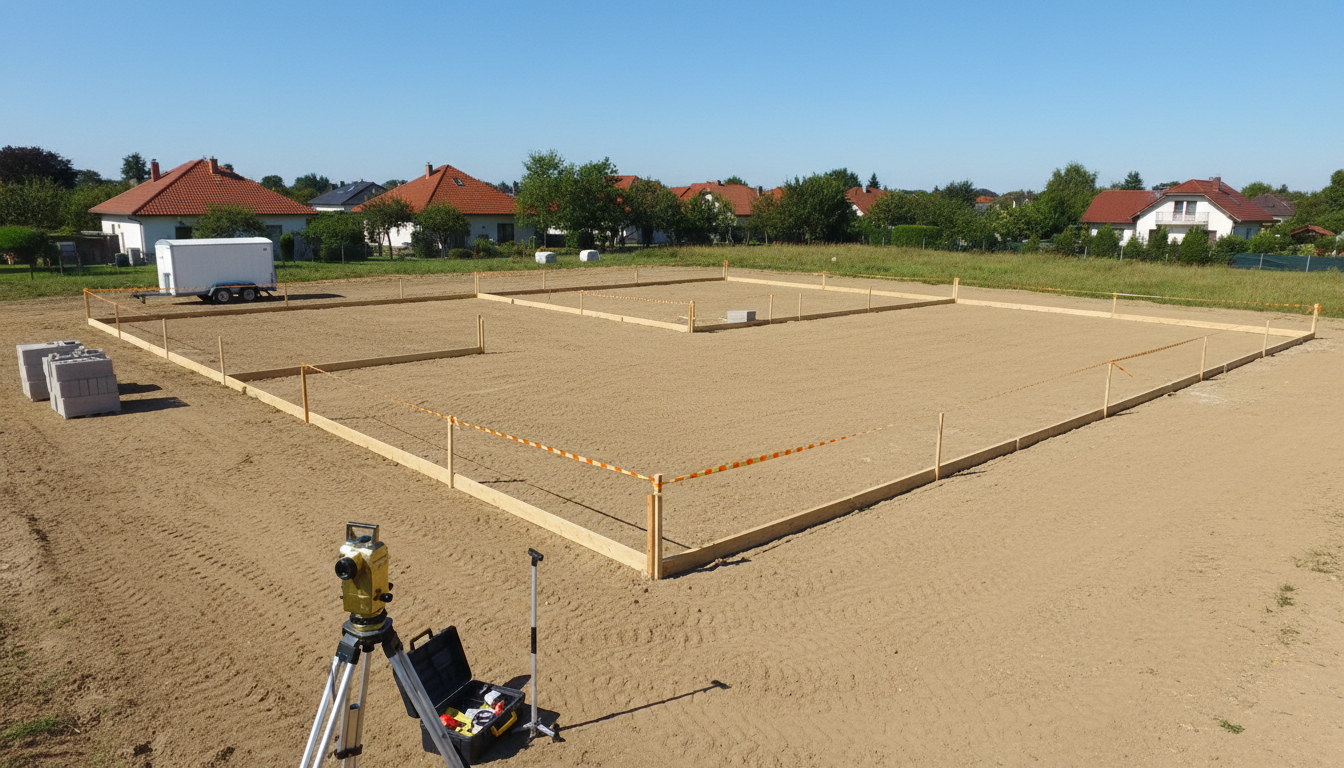 Drohnen-Luftaufnahme eines Baugrundstücks mit markierten Grenzen und Vermessungsgerät – Bebauung von Grundstücken