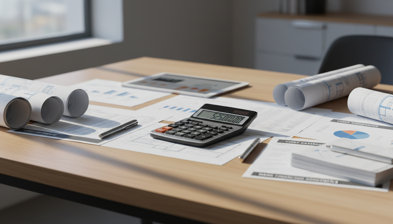 Professionelle Finanzplanung für die Bebauung von Grundstücken: Taschenrechner, Baupläne und Bankunterlagen auf dem Schreibtisch