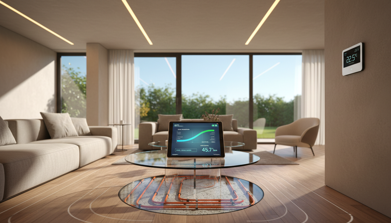 Tablet zeigt smartes Energiemanagement, Fußbodenheizung im Schnitt, LED-Beleuchtung und große Fenster – CO2-neutrales Wohnen.