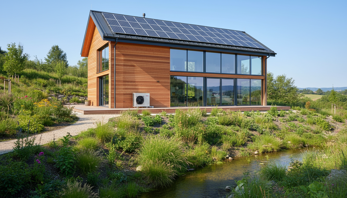 Modernes, CO2-neutrales Wohnen: Architekturfoto eines Holzhauses mit Solarpanels, Wärmepumpe und großen Effizienzfenstern