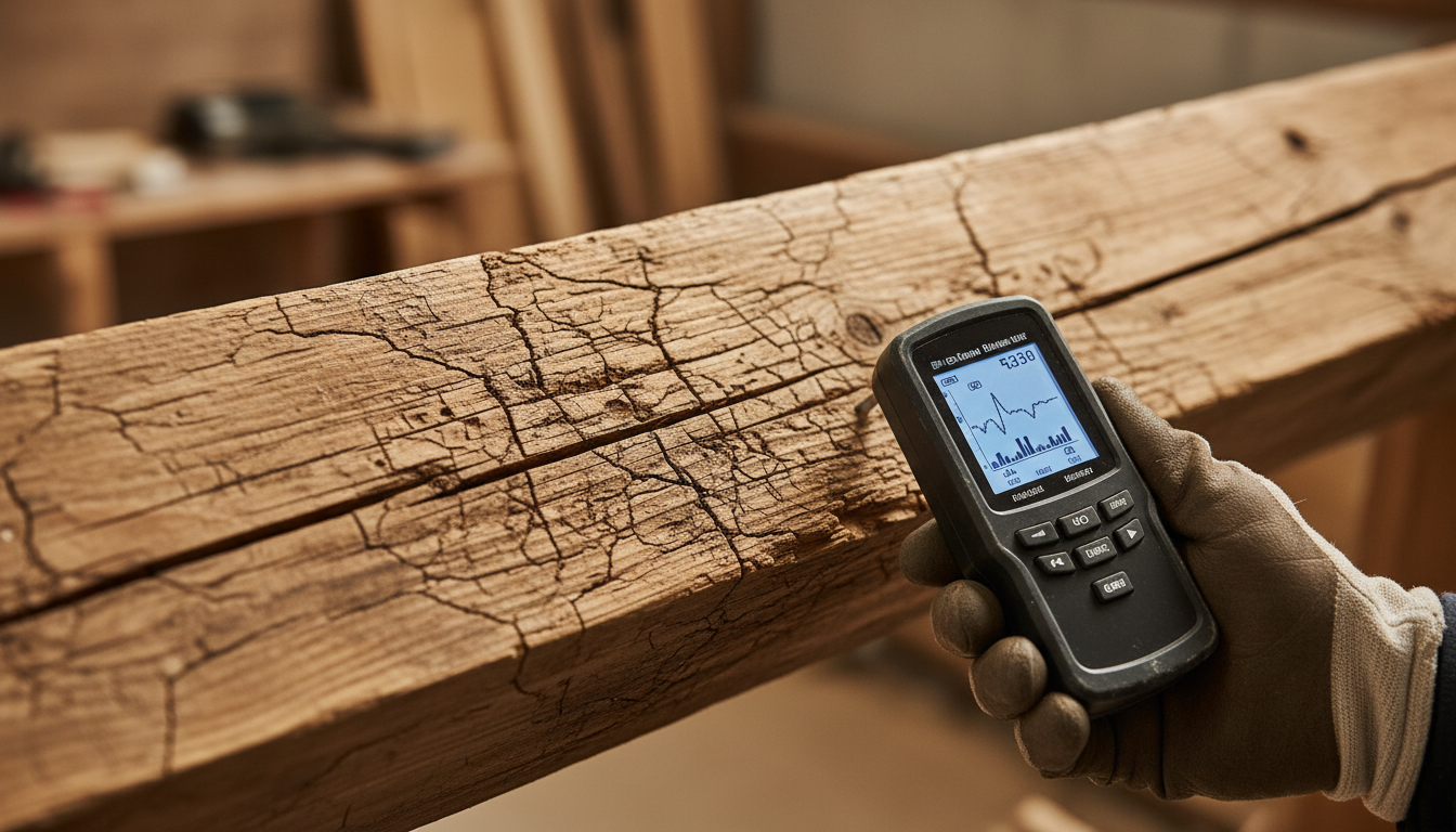 Nahaufnahme eines beschädigten Holz-Dachbalkens mit Rissen und Feuchtigkeit, Hand hält Messgerät – Dachbalken prüfen.
