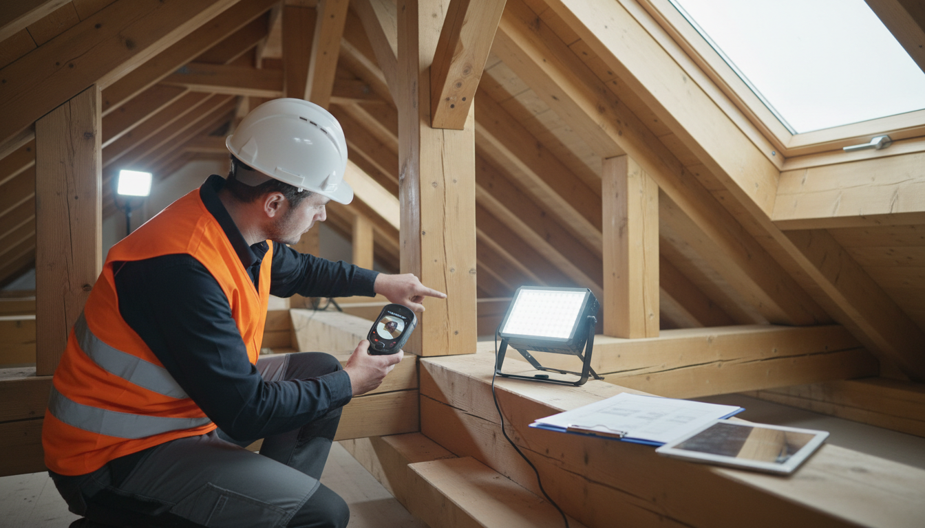 Dachbalken prüfen: Professioneller Inspektor untersucht Holzverbindungen mit Digitalkamera im hellen Dachboden