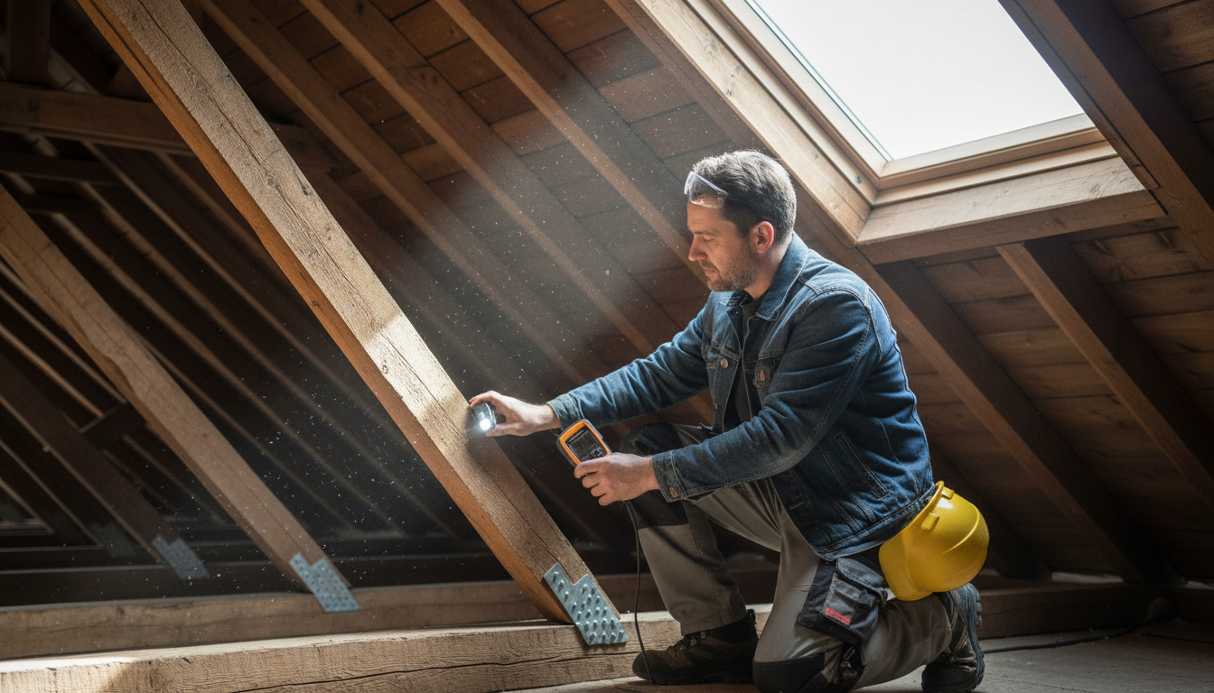 Handwerker mit LED-Taschenlampe und Feuchtemessgerät, Dachbalken prüfen im Dachstuhl, sichtbare Sparren und Träger